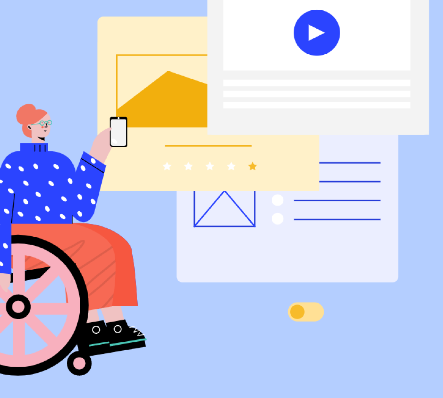 Palz character using a wheelchair beside a colorful digital interface