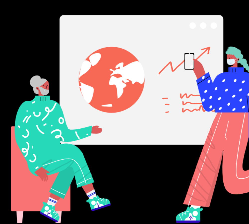 Two Palz characters discussing a colorful global data visualization