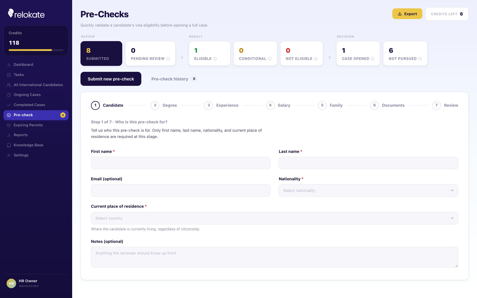 Relokate Pre-Checks eligibility screening flow